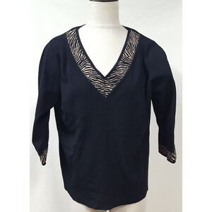 Dane Lewis Size 1X  V Neck Black Shirt 3/4 Sleeve Animal Print Trim